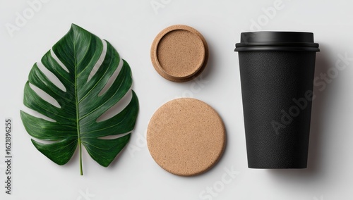 Flat lay of a dark coffee cup, tropical leaf, and cork coasters