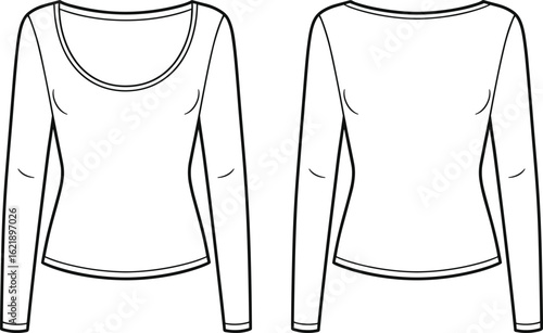 Long-Sleeve Scoop Neck T-Shirt Fashion Flat Sketch for Women's Apparel Design, Technical Drawing, Front and Back Views, Clothing Template, Garment Illustration.