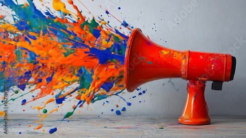 Vibrant Paint Explosion from a Red Megaphone: Creative Communication Concept