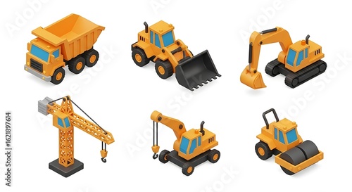 Isometric construction machinery vehicles collection dump truck excavator crane bulldozer road