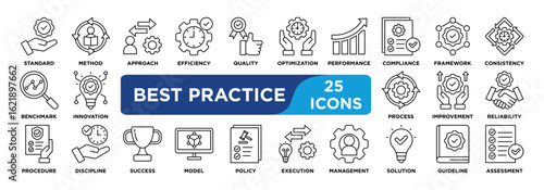best practice icon collection set. Containing standard,method,approach,efficiency,quality,optimization,performance,compliance,framework,process icon. simple line vector.