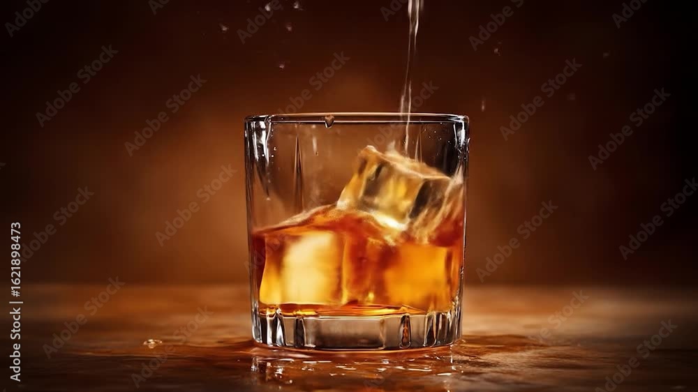 Whiskey Poured into Glass with Ice Cubes, Creating a Refreshing Drink Whiskey Poured into Glass with Ice Cubes, Creating a Refreshing Drink