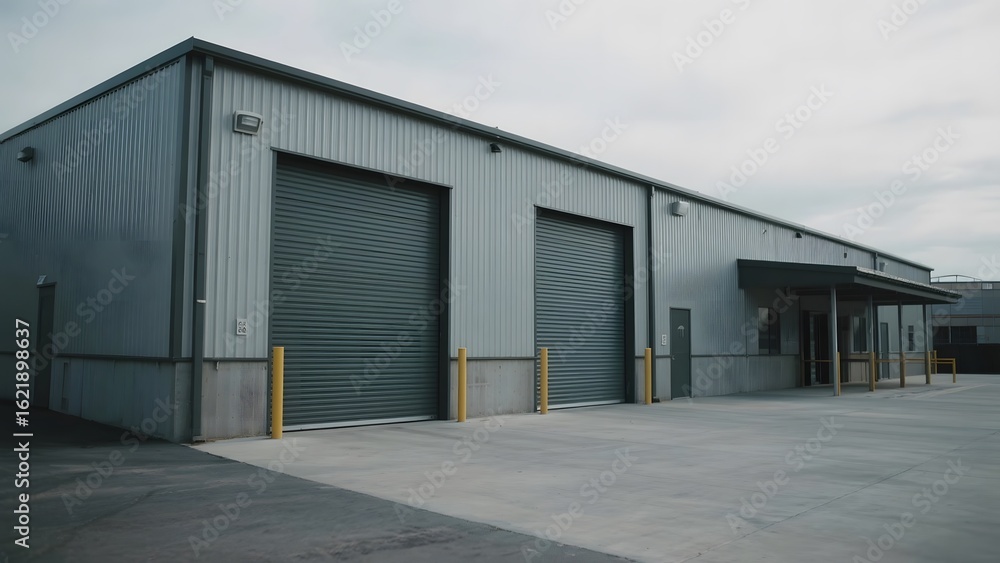 Fototapeta premium Industrial building with large roll-up doors and a covered entrance