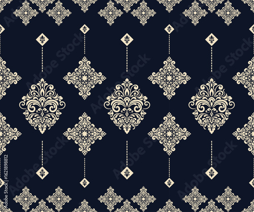 Elegant seamless damask pattern with intricate floral design in shades of cream and navy. The pattern repeats gracefully creating a sophisticated and timeless aesthetic