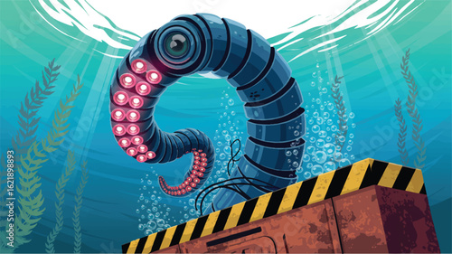Mechanical tentacle underwater with glowing suckers and industrial structure blue water