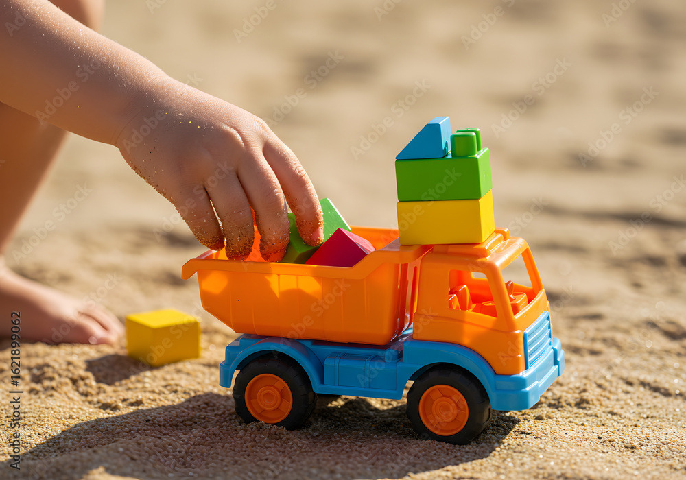 Child plays with colorful truck toy and blocks on sand Child plays with colorful truck toy and blocks on sand