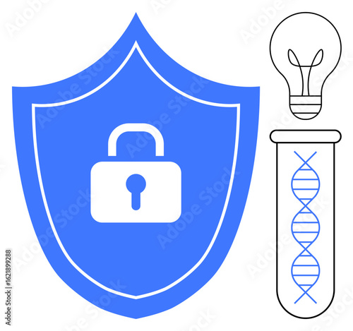 Blue shield with lock, DNA strand in test tube, and lightbulb representing security, innovation, genetic research, data protection, technology, intellectual property and safety. Flat simple