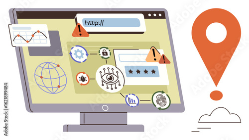 Computer monitor with warning alerts, security threat icons, globe symbol, digital bugs, rating stars, and a location pin. Ideal for cybersecurity, warning systems, internet safety geolocation
