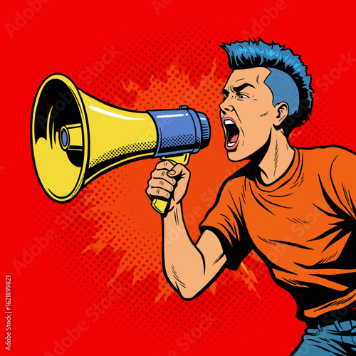 A pop art illustration of a young person shouting into a megaphone, expressing a strong opinion.