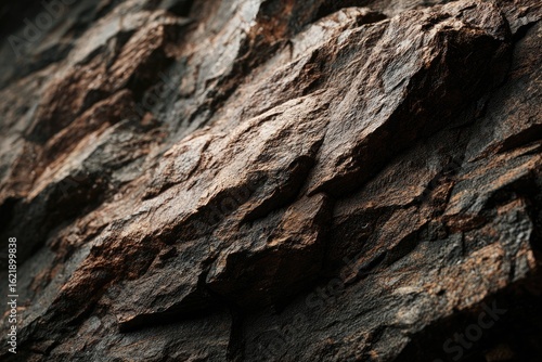 Close-up view of rough, dark brown and gray rock formations