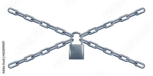 3d straight chain, connected by padlock partners. Strong link, locked object, high secret protection. Repeat rings hold credit card, digital password. Metal closed thick steel, prison security render