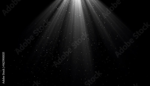 Volumetric Light Rays Shining Through Floating Dust Particles on Dark Black Background. Abstract Atmospheric Glow Effect for Overlay or Cinematic Backdrop.