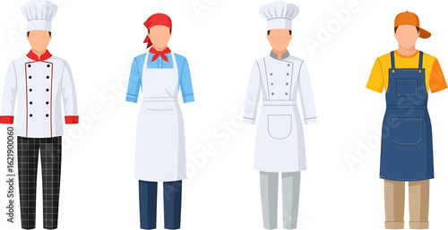 Vector illustration set of male chefs and cooks in professional kitchen uniforms. A collection of culinary professionals.