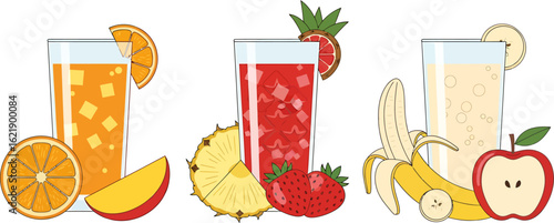 Vector illustration collection of fresh fruit juices and smoothies, including orange, strawberry, and banana drinks