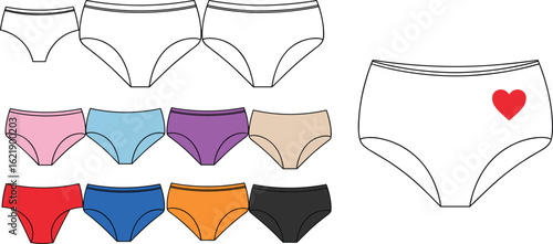  Collection of women's comfortable briefs in various colors and styles, including a red heart detail, versatile underwear template for fashion and intimate apparel design.