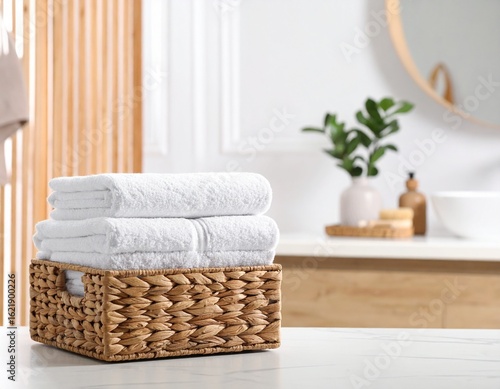 “Complete towel set (bath, hand, face) stacked neatly on a vanity in a bright, clean bathroom. Warm natural light filters through a window, with elegant bathroom decor like a tray, a plant, and a soap