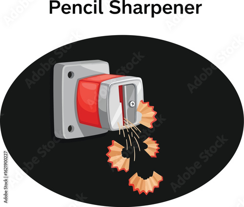 Cartoon of a Red and Gray Pencil Sharpener with Shavings, Perfect for Educational Materials and Creative Projects, Highlighting the Joy of Learning and the Tools of Artistic Expression