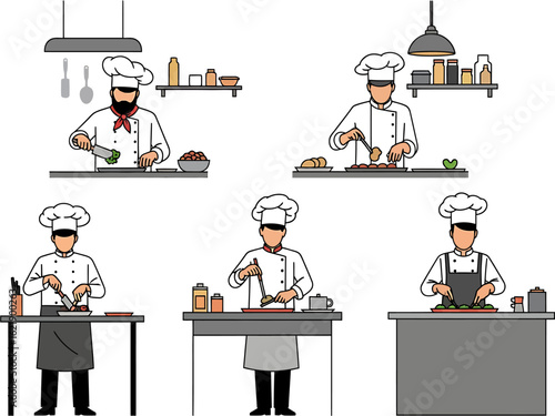 Set of chef characters cooking. Professional cooks in uniform preparing food in a kitchen. Vector illustration.