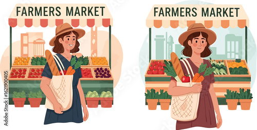 Young woman with tote bag buying fresh fruits and vegetables at an outdoor farmers market stall. Vector illustration set.