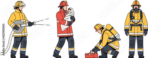 Collection of firefighter characters in different poses. Vector illustration of first responders during emergency situations.