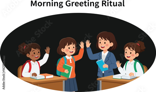 Cheerful Students and Teacher Featuring Classroom Interaction, Greeting, and Learning Environment in a School Setting