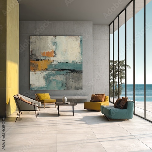 Modern living room with ocean view, featuring abstract art and comfortable seating