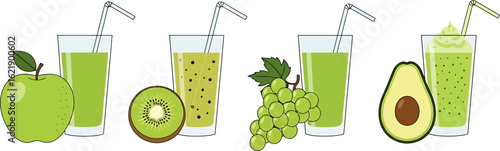 Vector collection of healthy green juices and smoothies made from fresh apple, kiwi, grape, and avocado fruits.