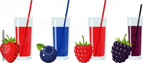 Set of fresh berry juices in glasses with straws. Vector illustration of strawberry, blueberry, and raspberry drinks.