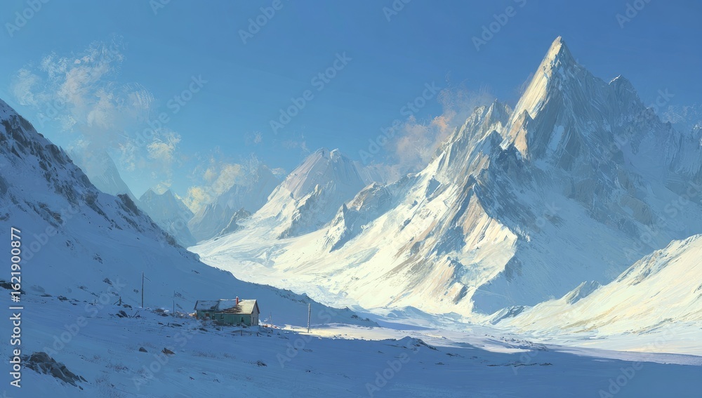 Fototapeta premium Snowy mountain range panorama with small cabin