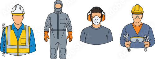 A vector illustration set of industrial workers wearing personal protective equipment for occupational safety and health. vctr (90).eps