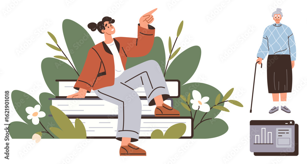 Fototapeta premium Young woman casually sits on stacked books pointing forward, surrounded by plants and flowers. Elderly woman standing with cane and data graph below evokes learning, growth, and guidance. Ideal