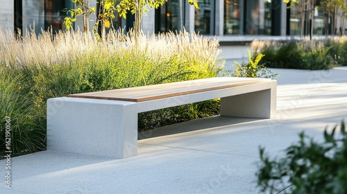 Modern concrete bench in urban plaza with landscaping
