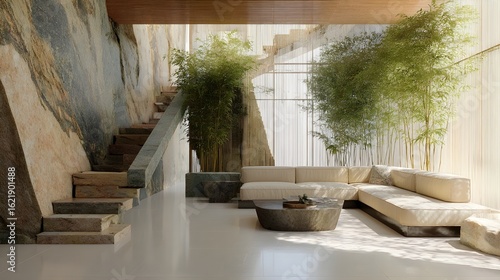 Modern Living Room Minimalist Granite Japandi Japanese Style Sunny Weather Vibrant Accents Crisp Details Radiant Lighting Elegant Design Luxurious Ambiance (AI-Generated)