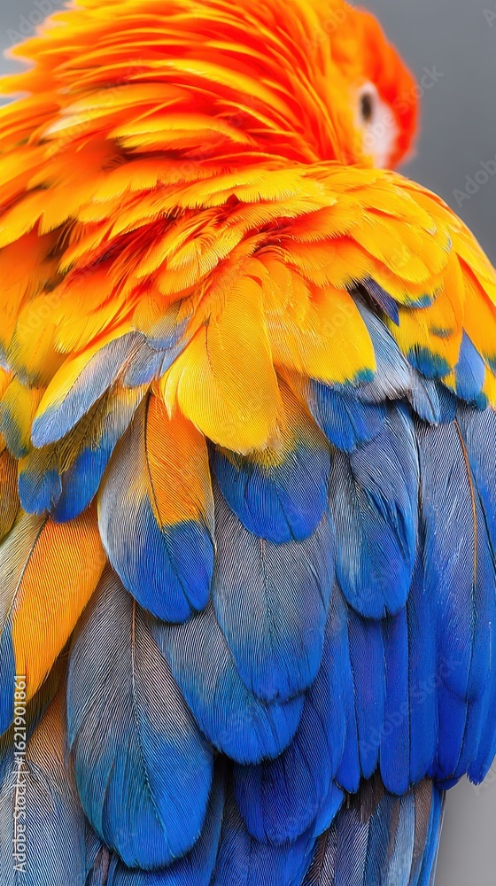 Fototapeta premium Close up of a Parrot's Vivid Orange, Yellow, and Blue Feathers