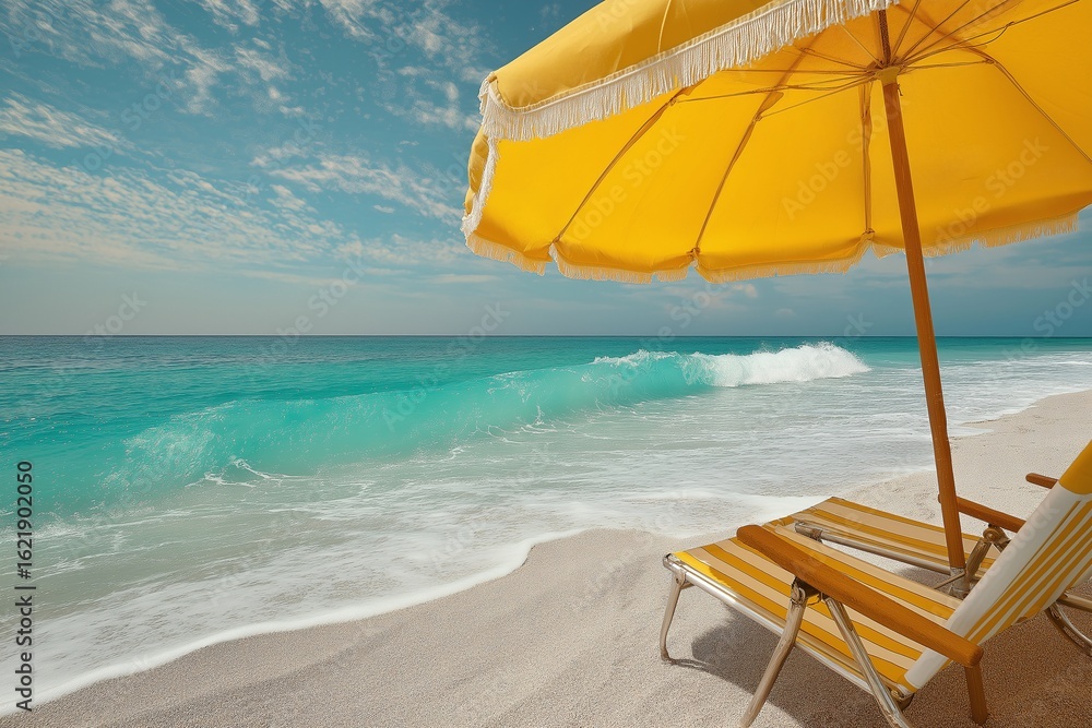 Obraz premium Relaxing beach day with vibrant turquoise wave under sunny sky, perfect vacation getaway