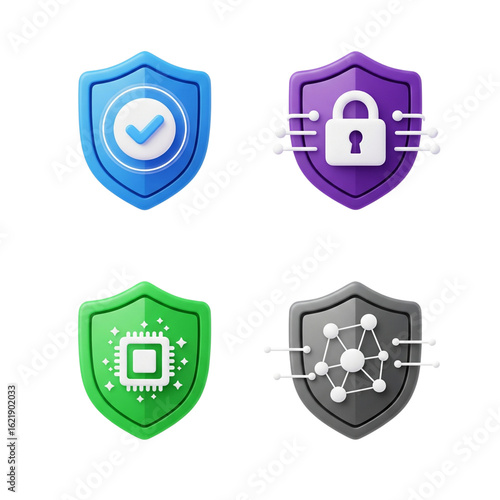 Four shields representing digital security and technology concepts