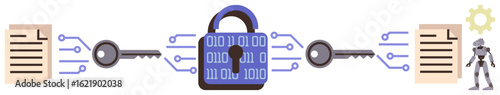 Locked binary data flow between documents with electronic keys, encryption, and robot icon secure communication, cybersecurity, technology, digital privacy, automation, blockchain, simple flat