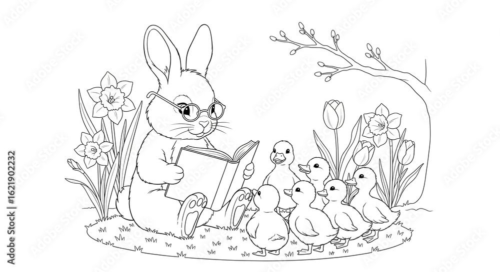 Fototapeta premium Charming bunny reading to adorable ducklings amidst spring flowers, a heartwarming scene for storybooks.