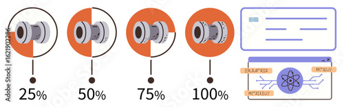 Mechanical components in four stages 25, 50, 75, 100 transitioning into digital and nuclear concept visuals. Ideal for technology, science, progress, engineering, mechanics research simple landing