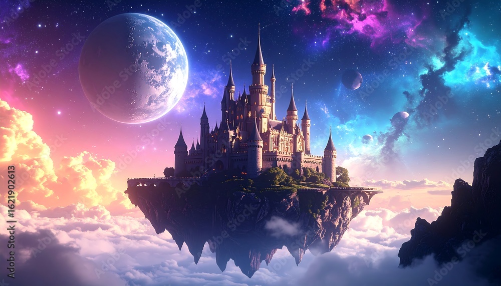 Naklejka premium Majestic Floating Castle on Sky Island in a Vibrant Cosmic Landscape with Nebulae and Planets