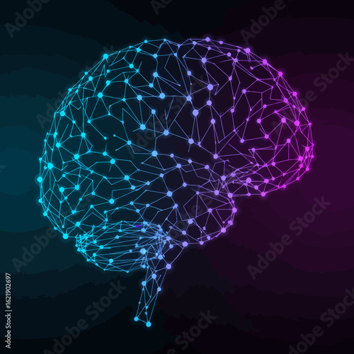 A stylized, glowing illustration of a human brain composed of interconnected nodes and lines.