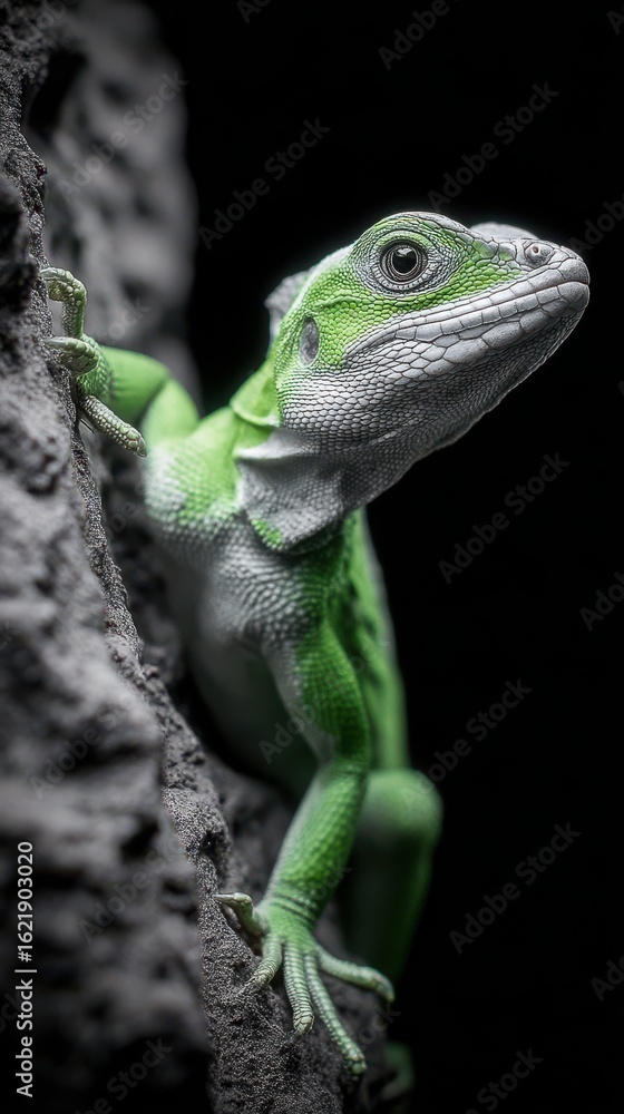 Fototapeta premium Vibrant Green and White Lizard on Dark Gray Rock