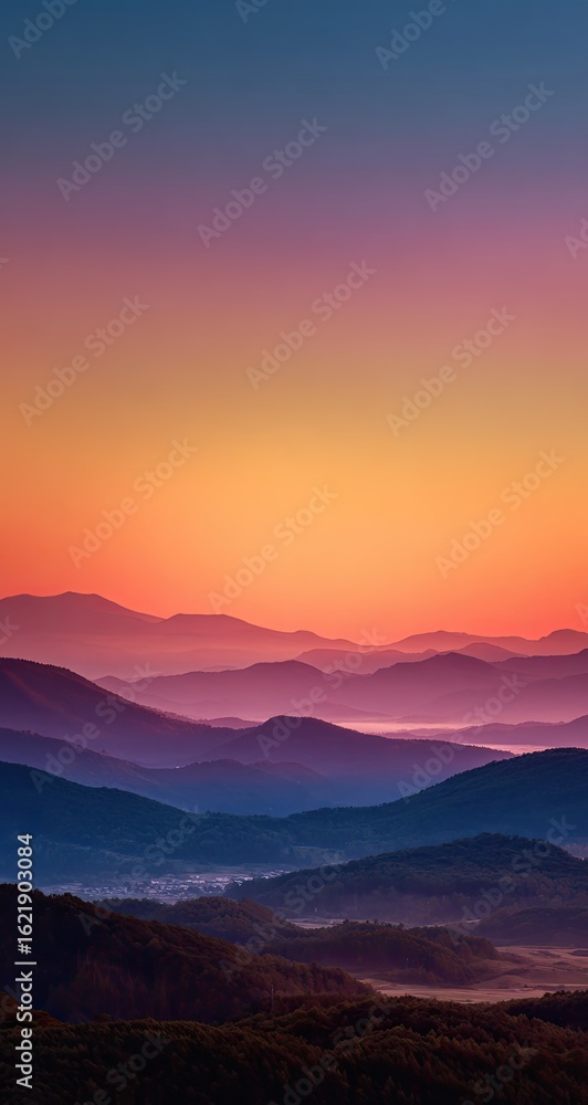 Obraz premium Misty mountain ranges bathed in a vibrant sunrise. Layered hills and valleys painted in hues of peach, orange, and violet, with a soft, ethereal light