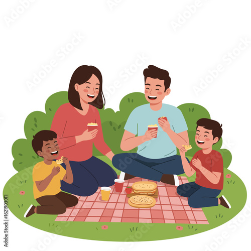 A happy family enjoys a picnic outdoors, sharing food and drinks together on a blanket.