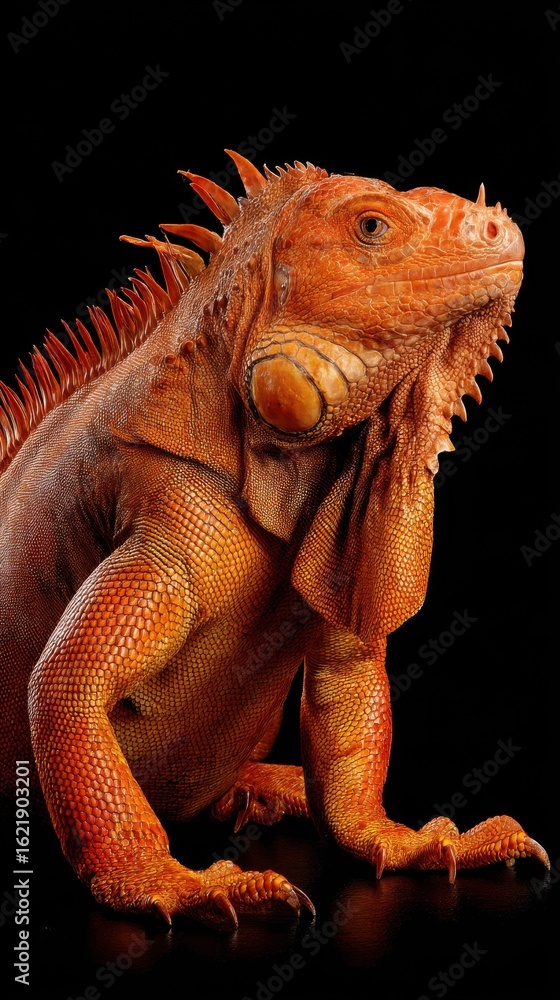 Fototapeta premium Vibrant Orange Iguana Close Up Against Black Background