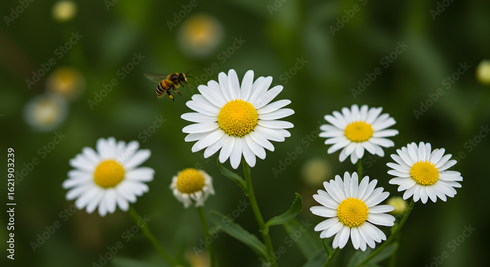 Fototapeta premium Close-Up of White Daisies with Yellow Centers and a Bee in a Soft Natural Garden Background