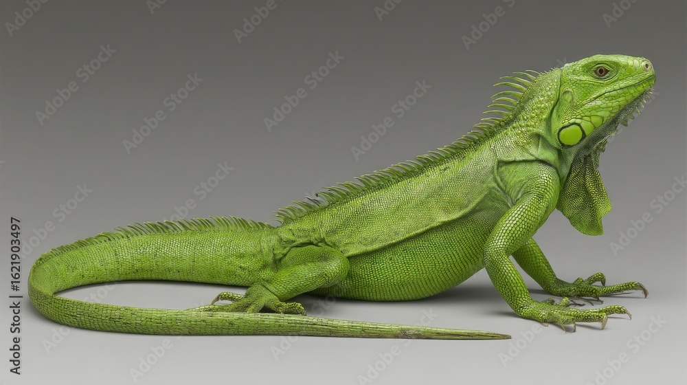 Fototapeta premium Green Iguana Reptile Profile Detailed Scales and Texture on Gray Background