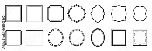 Hand drawn style outline frame set with wavy scalloped rectangular and oval border