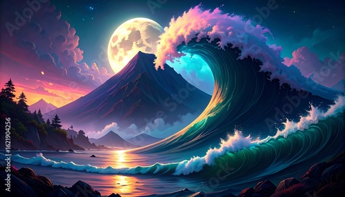 Surreal tsunami in fantasy or dreamlike composition, mysterious calm painterly style