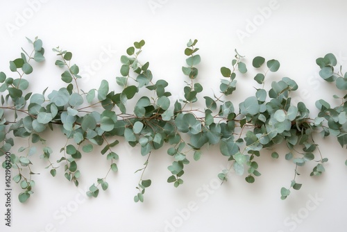 A horizontal arrangement of eucalyptus sprigs.